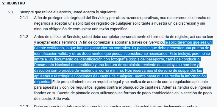 Extracto de las condiciones de registro